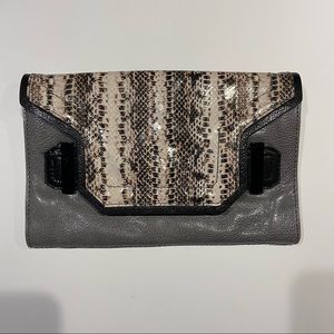 Milly Gray Leather Clutch with Snake-Print Flap